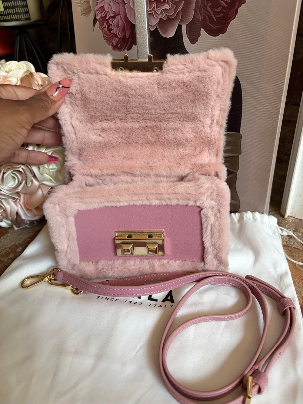 Furla Pink Faux Fur Trim Satchel - Picture 9 of 10